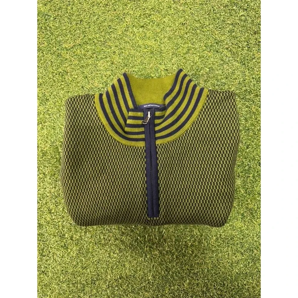 Lands' End Sweater Mens L 42-44 Green‎ Black Jacquard Knit Supima Cotton 1/4 Zip